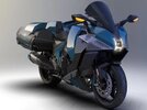 A front-quarter view of a Kawasaki H2 HySE motorcycle. A front-quarter view of a Kawasaki H2 HySE motorcycle.