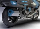 A close-up of the back pannier of a Kawasaki H2 HySE motorcycle. A close-up of the back pannier of a Kawasaki H2 HySE motorcycle.