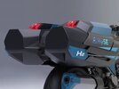 A close-up of the back pannier of a Kawasaki H2 HySE motorcycle. A close-up of the back pannier of a Kawasaki H2 HySE motorcycle.