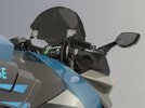 A close-up of the back windshield of Kawasaki's ready-to-ride H2 HySE hydrogen motorcycle. A close-up of the back windshield of Kawasaki's ready-to-ride H2 HySE hydrogen motorcycle.